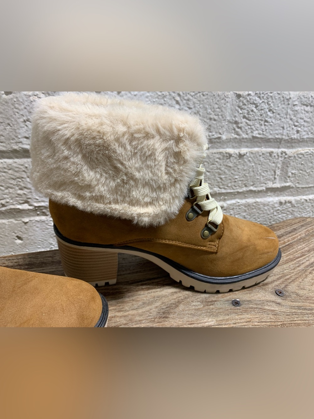 Women's Tan Faux-Suede Fur-Trim Lace-Up
Heeled Ankle Boot - SIZE 6 1/2 - Picture 2 of 16